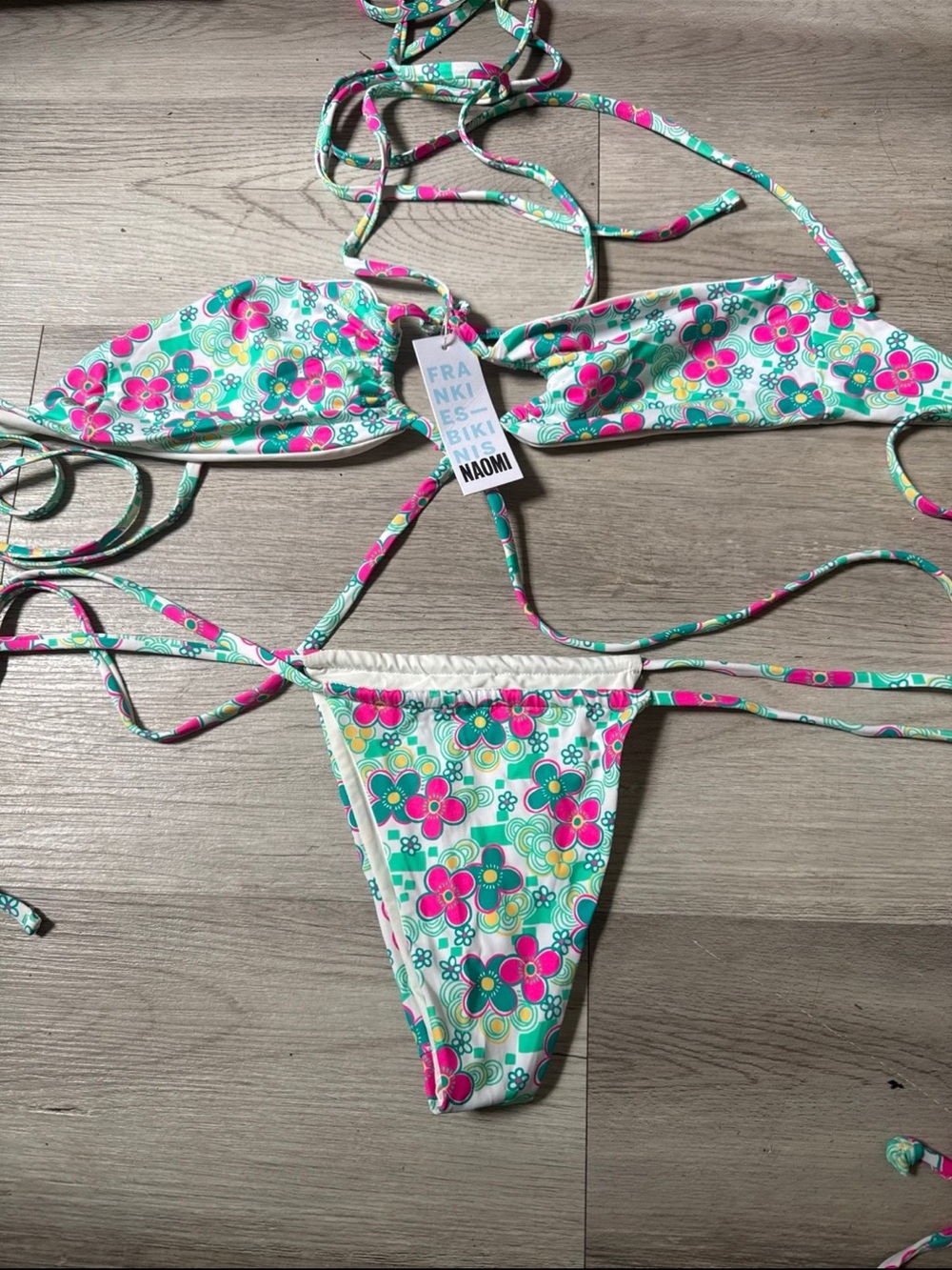 Frankie's Bikinis Floral String Bikini in Teal, Pink & White